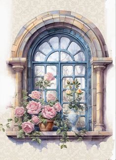 a painting of pink roses in a window sill