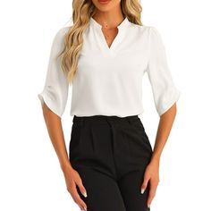 Dressy Casual 3/4 Sleeve Tops For Women V Neck Shirt Work Blouses Detail: 3/4 Sleeve, Notch V Neck, Tunic, Dressy Casual Blouse The short sleeve casual tops is a must-have for any fashion-forward wardrobe. Size: M.  Color: White.  Gender: female.  Age Group: adult. Smart Casual Work Attire, Business Casual Top, V Neck Tunic, V Neck Shirt, Work Blouses, Puff Long Sleeves, Elegant Blouses, Work Tops, Casual Work