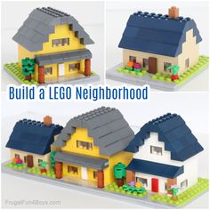 three pictures of a lego house with the words build a lego neighborhood on it's front and back