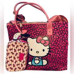 Hello Kitty 3 Piece Travel Set There Is A Large Travel Tote Bag, A Crossbody Bag & A Luggage Tag. New With Tags The Tote Bag Is 17.75” Across 14.5” Tall 8” Deep Crossbody Bag Is 8” Across 5” Tall 2” Deep Inside The Tote Looks To Have A Laptop Cushion And Inside Zipper Pocket. The Crossbody Bag Has Two Separate Zippered Areas. Hello Kitty Travel, Kitty Items, Fashion Articles, Travel Tote Bag, Hello Kitty Items, Girly Accessories, The Tote Bag, Travel Set, Travel Tote