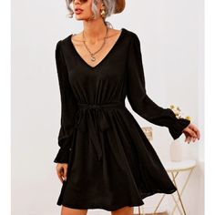 Brand New Size Medium Black Elegant Plain A Line Contrast Lace Regular Fit V Neck Flounce Sleeve Long Sleeve High Waist Not Sheer Flared Belted Polyester 100% Polyester Non-Stretch Black Belted Dress For Brunch, Flounce Sleeve, Lace Insert, Colorful Dresses, High Waist, A Line, High Waisted, Size Medium, Mini Dress