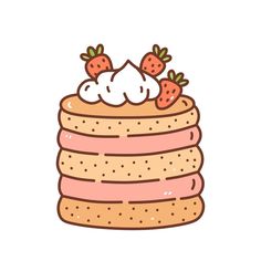 a stack of cake with strawberries on top and whipped cream on top, hand drawn illustration