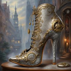 "Product Details Steampunk silver boot  canvas print by Glenda Stevens.   Bring your artwork to life with the texture and depth of a stretched canvas print.  Your image gets printed onto one of our premium canvases and then stretched on a wooden frame of 1.5\" x 1.5\" stretcher bars (gallery wrap) with black sides.  or 5/8\" x 5/8\" stretcher bars (museum wrap) with white sides.  Your canvas print will be delivered to you \"ready to hang\" with pre-attached hanging wire, mounting hooks, and nails. Design Details AI art of a stiletto high heel silver boot steampunk style.  Larger sizes are available up to 48x48 inches." Fairy Heels, Crazy High Heels, Fancy High Heels, Whimsical Shoes, Steampunk Couture, Witch Shoes, Fairy Shoes, Silver Boots, Silver High Heels