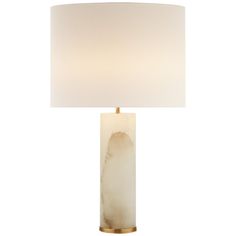 a table lamp with a white shade on the base and a gold frame around it