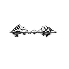 a black and white drawing of mountains reflected in water