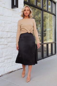 Winter Dress Skirt Outfits, Sweater Over Silk Dress, Black Velvet Midi Skirt Outfit, Black Skirt Sweater Outfit, Satin Slip Dress Outfit Winter, Black Midi Skirt Outfit Fall, A Line Midi Skirt Outfit, Black Midi Skirt Outfit Work, Satin Skirt And Sweater Outfit