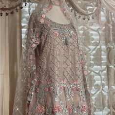 Brand New Medium Size Wedding Or Party Dress Bridal Wear Festive Wedding Dress With Dupatta For Party, Festive Party Wedding Dress With Dupatta, Festive Anarkali Wedding Dress For Party, Elegant Festive Organza Wedding Dress, Elegant Eid Wedding Dress, Elegant Floor-length Wedding Dress For Eid, Anarkali Wedding Dress With Resham Embroidery For Party, Evening Dresses With Dabka Work, Hand Embellished Party Wear Dress For Wedding