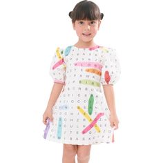 Have fun with the Glow Dress made with the softest cotton with colorful and joyful prints. | Abril Flores Mil | Glow Dress, Word Search Puzzle (Prints, Size 14Y) | Maisonette collects the best children’s products from around the world (unlike Zulily, Etsy, The Tot, Farfetch Kids, Childrensalon, Crate and Kids, Kohls, Wayfair, Buy Buy Baby, Nordstroms, Mini Boden, J.Crew Factory, or PotteryBarn Kids), creating a curated shopping experience for you. Think of us as your shortcut to fashion for litt Playful Short Sleeve Graphic Print Dress, Playful Short Sleeve Dress With Graphic Print, Playful White Printed Dress, Playful Printed White Dress, Playful Rainbow Cotton Dresses, Multicolor Graphic Print Cotton Dress, Multicolor Cotton Dress With Graphic Print, Colorful Playful Cotton Dress, Cotton Dresses With Graphic Print In Cute Style