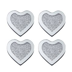 three silver heart shaped buttons with glitter on them, set of four in the shape of a