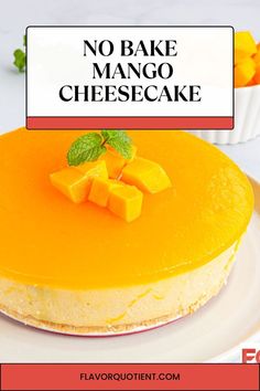 no bake mango cheesecake on a plate with text overlay that reads, no bake mango cheesecake