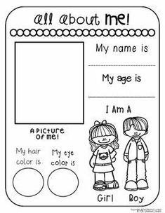 an all about me worksheet with two children in front of the frame and text