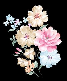 an image of flowers painted in watercolors on black paper with white and pink colors