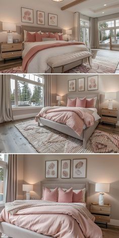 three pictures of a bedroom with pink bedding and pillows on the bedspread