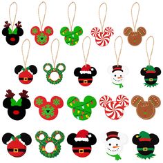 mickey mouse christmas ornament ornaments are shown in various colors and designs, including santa's hat