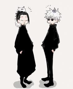 two cartoon characters are standing side by side, one is wearing a black coat and the other has white hair