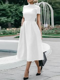 Short Sleeves Solid Color Stand Collar Midi Dress Evening Dresses Elegant Short, Vintage Evening Dresses, Mid Skirt, Cut Clothes, Maxi Dress Party, Blue Midi Dress, White Midi Dress, Waist Dress, Types Of Skirts