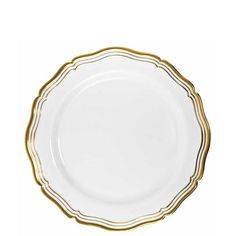 an empty white plate with gold trim