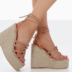 These Super High Wedges Are An Ibiza Fave And Will Get You Ready To Dance The Night Away In Style. We're Pairing These High Heels With A Black Ribbed Bodycon Dress And A Super Cute Mini Handbag For A Stunning Look. Upgrade Your Out Out Look Today With This Cuties In Nude. Heel Height: 5.5'' Fabric Composition: Synthetic. Manmade Pu. They Are Brand New, I Never Wear Then No Even Once Beach High Heel Lace-up Synthetic Sandals, Summer Platform Lace-up Sandals, Lace-up Synthetic Wedge Sandals For Beach, Beach Lace-up Synthetic Wedge Sandals, Lace-up Wedge Sandals With Wrapped Heel For Beach, Beach Lace-up Wedge Sandals With Wrapped Heel, Beige Platform Lace-up Sandals, High Heel Synthetic Lace-up Sandals For Beach, Brown Platform Lace-up Sandals For Summer