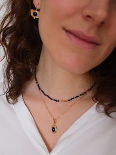 "Channel your inner power with our stunning Lapis Lazuli Pendant! 💙 Known as a stone of truth and self-awareness, this pendant adds both beauty and meaning to your look." #LapisLazuli #StoneOfTruth #JewelryWithMeaning #ArtisanCrafted #UniqueDesign #Art7JewelryShop #FashionGoals #SpiritualJewelry Elegant Sapphire Lapis Lazuli Beaded Necklace, Elegant Lapis Lazuli Gemstone Beaded Necklaces, Elegant Lapis Lazuli Gemstone Beaded Necklace, Elegant Blue Delicate Chain Necklace, Blue Gemstone Beads Teardrop Pendant Jewelry, Sapphire Gemstone Beads Necklace In Lapis Lazuli, Sapphire Lapis Lazuli Necklace With Gemstone Beads, Blue Teardrop Pendant With Gemstone Beads, Sapphire Teardrop Pendant Necklace