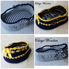 crocheted baskets with bows and monogrammings are shown in four different pictures