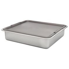 a stainless steel baking pan on a white background