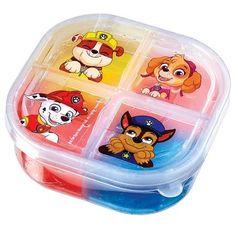 four compartmented plastic lunch box with cartoon pictures