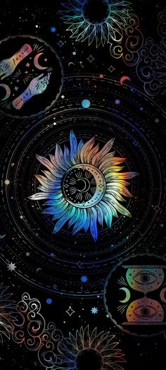 an artistic painting with sunflowers and planets in the background, on black paper