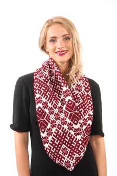 Latvian ornament scarf, red white unisex circle scarf, loop scarf with Latvian symbols, ready to ship. This scarf is infinity knitted from lightweight wool with Latvian symbols. White with deep red infinity scarf is ready to ship. Great looking, and double breasted - never goes out. Soft and warm gift. This knitted scarf is with fair isle Latvian Symbols-signs is being used as luck attractor and deterrent against evil. Size: length 140 cm/55 inches width 22 cm/ 8.66 inches I have another color c Traditional White Scarves For Winter, Traditional White Winter Scarves, Traditional Red Scarves For Winter, Traditional Red Winter Scarves, Red Hand Knitted Scarves One Size, Red Hand Knitted Scarf One Size, Red Winter Scarves For Gifts, Red Winter Scarf Gift, Red Winter Scarves Perfect For Gifts