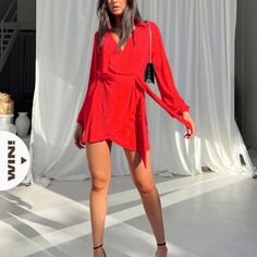 Brand New/Never Been Worn And Still Has Tags. Super Cute Red Mini Wrap Dress. Size 4! Could Fit Small Or Medium Red V-neck Dress For Date Night, Elegant Red Wrap Dress For Spring, Red V-neck Mini Dress For Party Season, Long Sleeve Mini Dress For Brunch And Party Season, Flirty Cocktail Dress In Solid Color, Flirty Wrap Dress For Night Out, Red Long Sleeve Wrap Dress For Spring, Red V-neck Midi Dress For Party Season, Chic Spring Party Wrap Dress