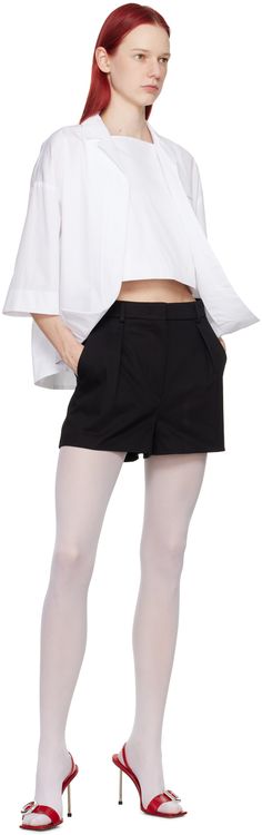 Wide-leg stretch cotton gabardine shorts. · Low-rise · Belt loops · Four-pocket styling · Zip-fly · Pleats at front · Crystal-cut accent at outseam Supplier color: Black Leg Stretching, Stretch Cotton, Low Rise, Wide Leg, Black, Color