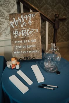 a sign that says message in bottle leave us a note give us advice write us a memory