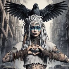 a woman with dreadlocks holding her hands in front of her face and a bird on her head