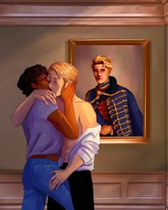 a painting of two people hugging in front of a mirror with an officer behind them