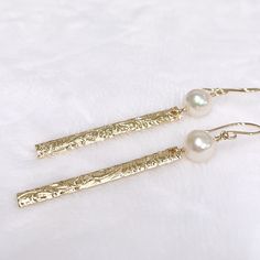 "Hawaiian bar earrings featuring Akoya pearls. Sterling silver or gold filled bar is approximately 4mm wide & 1.5\" in length. Ivory color Japanese Akoya pearls are 6-7mm. Sterling silver or gold filled ear wires." Hawaiian Bar Earring, Hawaiian Bar, Akoya Pearl Earrings, Pearls Earrings, Jewelry Safe, Akoya Pearls, Solid Gold Jewelry, Silver Bars, Bar Earrings