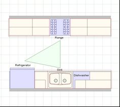 a kitchen floor plan with two sinks, refrigerator and dishwasher in the center