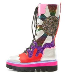 Rainbow Combat Boots – TiltedSole.com Fashion Combat Boots, Pastel Pink Dress, Combat Boots Style, Cloud Design, Pink Border, Clouds Design, Irregular Choice, Next Clothes, Fabulous Shoes