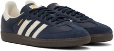 Low-top paneled suede and grained leather sneakers in navy. · Lace-up closure · Logo printed at tongue · Padded collar · Logo stamp at outer side · Signature serrated stripes at sides · Buffed leather lining · Treaded rubber sole Supplier color: Night navy/Cream white Navy Leather Sneakers With Gum Sole, Navy Round Toe Sneakers With Gum Sole, Navy Sports Sneakers With Gum Sole, Casual Navy Sneakers With Rubber Waffle Outsoles, Leather Sneakers With White Sole And Three Stripes, Classic Leather Sneakers With Three Stripes, Navy Leather Sneakers For Streetwear, Blue Leather Sneakers With Three Stripes, Leather High-top Sneakers With Stripes