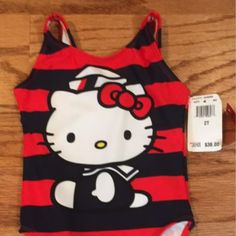 Nwt-Hello Kitty Swimsuit, Size 2t, Orig $38, Red And Navy Stripes Cute Fitted Bodysuit With Cartoon Print, Fitted Fun Bodysuit For Playwear, Fun Fitted Bodysuit For Playwear, Red Fitted Bodysuit For Playtime, Red Fitted Bodysuit For Casual Wear, Cute Red Swimwear For Playtime, Cute Red Fitted Bodysuit, Cute Fitted Red Bodysuit, Playful Fitted Bodysuit With Cartoon Print