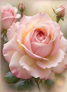 a pink rose with green leaves on it