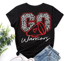 a t - shirt that says go warriors with a bullhorn on it and leopard print