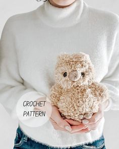 a woman holding a teddy bear in her hands with the caption crochet pattern