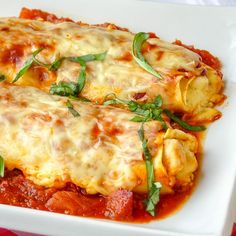 two enchiladas on a white plate with red and white tablecloths