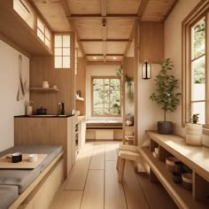 the interior of a japanese style home with wood flooring and walls, along with potted plants