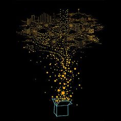 an image of a box with yellow dots coming out of it on a black background