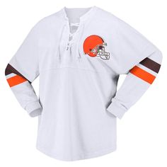 Make a fashion statement on Cleveland Browns game day in this Spirit Jersey V-neck T-shirt from Fanatics Branded. It features a sporty lace-up neckline and stripes in team colors that highlight the Cleveland Browns graphics printed on the front and back. The longer, rounded hem also provides a more comfortable fit and feel. Low-puff screen print graphics V-neck with lace-up detail Officially licensed Material: 100% Cotton Brand: Fanatics Branded Rounded droptail hem Dropped shoulders Machine was Fall Sports V-neck Tops, Low Puff, Browns Game, Browns Fans, Spirit Jersey, Brown Tshirt, Cleveland Browns, Online Retail, Team Colors