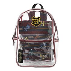 Whether you’re off to a day at the theme park or just headed work, do so with this Harry Potter clear backpack! Made of clear PVC, this backpack has been custom designed with a rubber applique of the Hogwarts crest. Measuring 16 inches in height, this backpack is the perfect size for carrying your most important essentials comfortably. The metal top zipper ensures easy access to the spacious main compartment, where you’ll find a detachable zipper pouch ideal for storing your most valuable posses Back To School Plastic Backpack, Back To School Plastic Standard Backpack, Back To School Standard Plastic Backpack, Standard School Backpack In Plastic, Plastic Standard Backpack For School, Clear Backpack For Back To School, Back To School Clear Backpack, Back To School Clear Backpack For School, Harry Potter Backpack