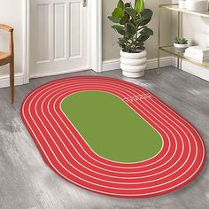 a red and green rug in a room with a potted plant on the floor