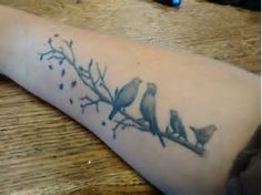 a person with a tattoo on their arm that has three birds perched on a branch