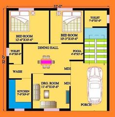 the floor plan for a two bedroom house with an attached bathroom and living room area