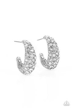 Featuring a beveled surface, a thick hammered silver hoop is haphazardly encrusted in round and square white rhinestones for a glamorously glittery finish. Earring attaches to a standard post fitting. Hoop measures approximately 3/4" in diameter. Sold as one pair of hoop earrings. White Hoop Earrings, Paparazzi Accessories, White Rhinestone, Affordable Jewelry, White Earrings, Paparazzi Jewelry, Hammered Silver, Gold Hoop, Silver Hoops